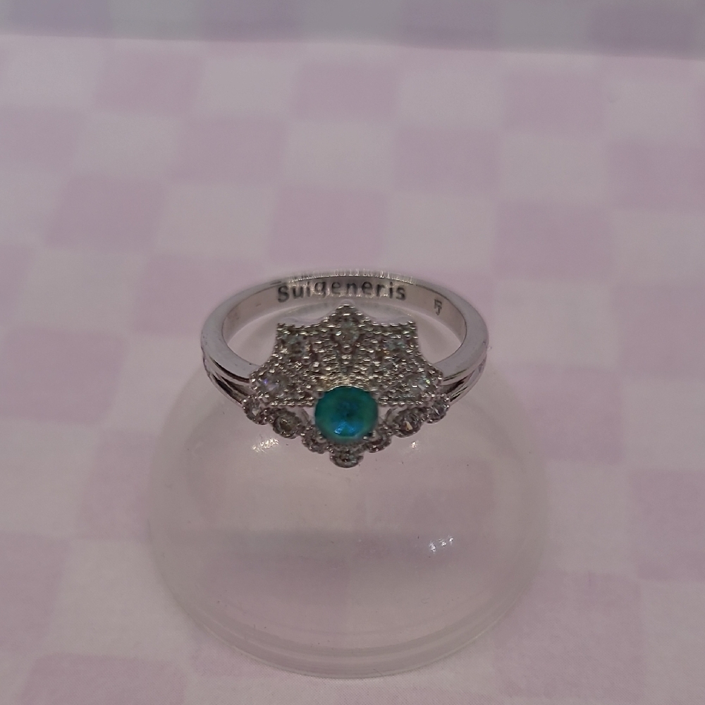 Silver Floral Halo Ring with Blue-Green Center Stone - Fragrsnt Jewels Size 7